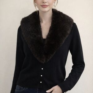 Turbo Vintage Black Cardigan with Real Fur Collar And Faux Pearl Button Accents